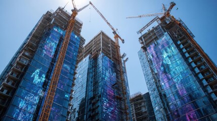 Fototapeta premium Skyscrapers Under Construction with Digital Facades