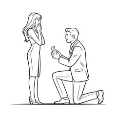 Man proposes to woman with ring on one knee in sketch style