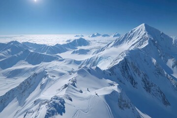 Naklejka premium High-altitude Alaskan snow-capped peaks, vast valleys, and a bright sky