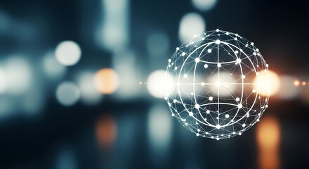 Glowing global network sphere on a blurred background. A futuristic concept of worldwide internet connectivity and digital data exchange.
