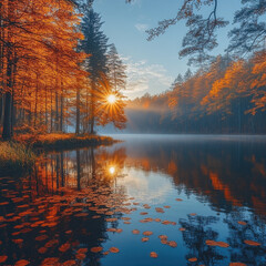 Naklejka premium Sun shining through trees at a serene lake.