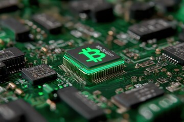 Modern blockchain technology highlighted on a green printed circuit board with intricate components showcasing future advancements in digital currency and computing power