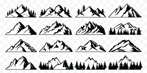 Collection of Black and White Mountain Illustrations Featuring Diverse Peaks and Evergreen Tree Silhouettes for Outdoor Adventure Designs