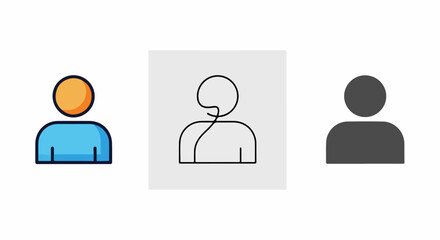 Set of three minimalist user profile icons in colorful, outline, and solid silhouette styles.