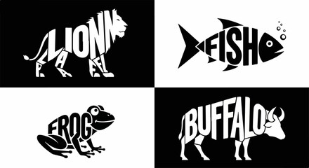 Creative Typography Art: Lion, Fish, Frog, and Buffalo Compositions