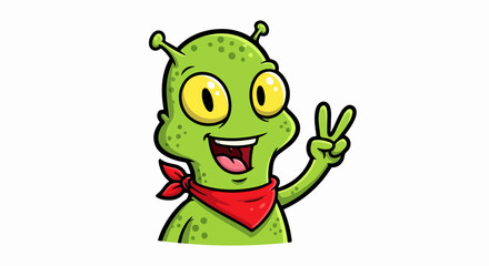 Happy green cartoon alien with a red bandana making a peace sign gesture.