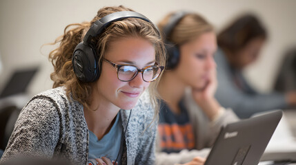 students using tablets and headphones in digital learning lab