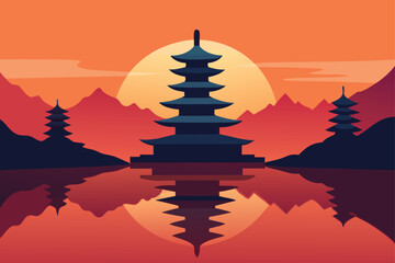 pagoda reflected on river scene  .eps