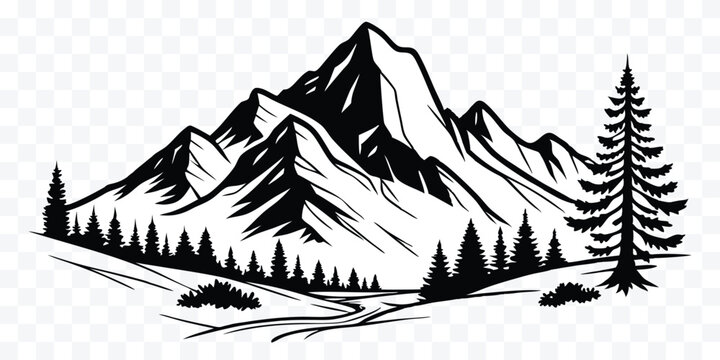 Majestic mountain range landscape illustration with pine trees and winding river in black and white simple design