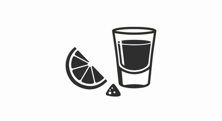 Minimalist black icon of a tequila shot with a lime wedge and a pinch of salt.