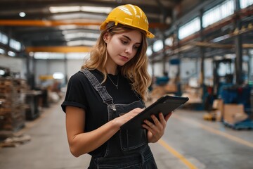 Woman in hard hat inspects warehouse operations using a tablet during the day