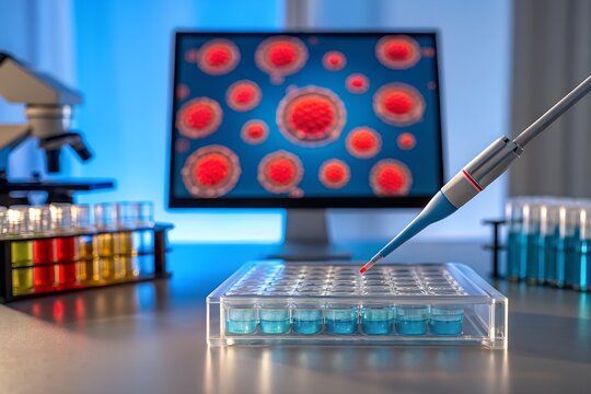 Scientific laboratory equipment with cells on the monitor for research