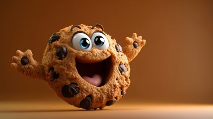Cheerful Chocolate Chip Cookie Character with Expressive Eyes an