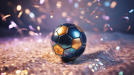 Miniature soccer ball with gold and blue panels on sparkling surface metallic