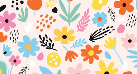 flat illustration of a vibrant and playful floral background seamless pattern with stylized flowers, leaves, and abstract shapes. Perfect for cheerful kids designs