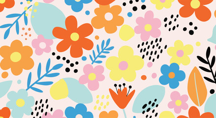 flat illustration of a vibrant and playful floral background seamless pattern with stylized flowers, leaves, and abstract shapes. Perfect for cheerful kids designs