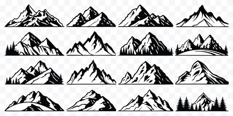 Collection of black and white mountain range illustrations for outdoor adventure enthusiasts and nature lovers showcasing diverse peaks and scenic landscapes © design png
