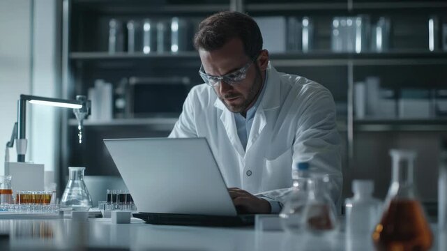 Male scientist wearing a white lab coat working on a laptop computer in a well-equipped laboratory, surrounded by chemicals and research materials.