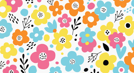 flat illustration of a vibrant and playful floral background seamless pattern with stylized flowers, leaves, and abstract shapes. Perfect for cheerful kids designs