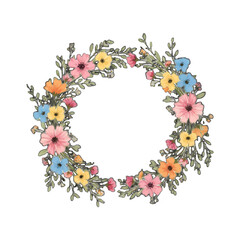 isolated flat illustration with transparent background of a circular frame of various colorful flowers and leaves in hand-drawn style. Perfect for invitations, greetings, and nature-themed projects