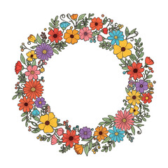 isolated flat illustration with transparent background of a circular frame of various colorful flowers and leaves in hand-drawn style. Perfect for invitations, greetings, and nature-themed projects