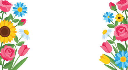 isolated flat illustration with transparent background of a vibrant floral frame featuring colorful daisies and wildflowers with green leaves. Ideal for cheerful designs of flowers