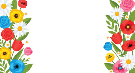 isolated flat illustration with transparent background of a vibrant floral frame featuring colorful daisies and wildflowers with green leaves. Ideal for cheerful designs of flowers