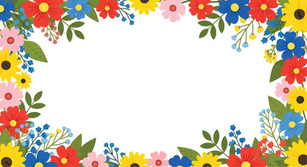 isolated flat illustration with transparent background of a vibrant floral frame featuring colorful daisies and wildflowers with green leaves. Ideal for cheerful designs of flowers