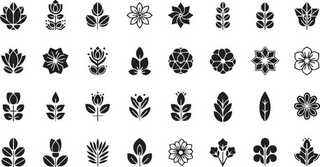 isolated flat illustration with transparent background of a diverse set of black floral icons and design elements, including various flower shapes, petals, and leaves. for creating logos pattern