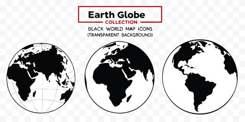 Earth Globe Collection Black World Map Icons with Transparent Background for Design and Infographics