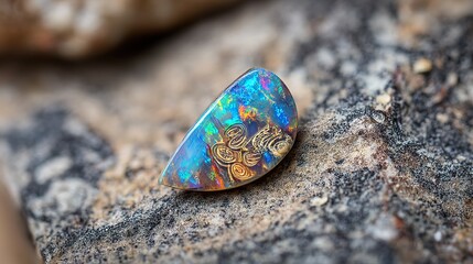 A small opal gemstone with intricate patterns and vibrant colors rests on a rough stone surface, its shiny exterior reflecting light to showcase stunning hues and natural beauty in detail.