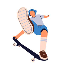 Flat vector illustration of a young male skateboarder performing a mid-air trick. Wearing a hoodie and cap, he showcases energy, balance, and urban street style.