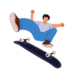 Flat vector illustration of a young male skateboarder performing a mid-air trick. Wearing a hoodie and cap, he showcases energy, balance, and urban street style.