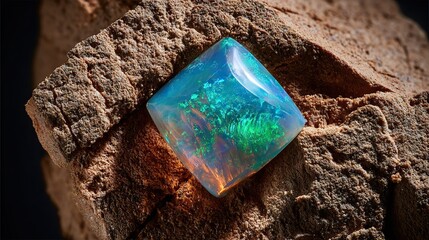 A small opal gemstone with intricate patterns and vibrant colors rests on a rough stone surface, its shiny exterior reflecting light to showcase stunning hues and natural beauty in detail.