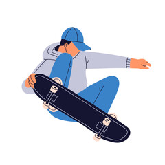 Flat vector illustration of a young male skateboarder performing a mid-air trick. Wearing a hoodie and cap, he showcases energy, balance, and urban street style.