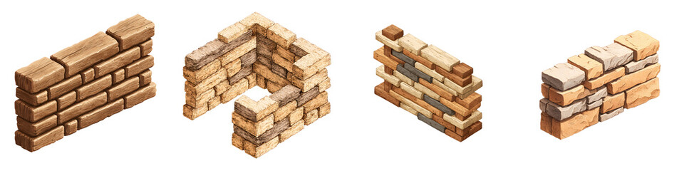 Watercolor Isometric Brick Wall Sections on White
