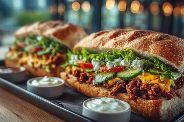 Two gourmet sandwiches with beef, cheese, and vegetables