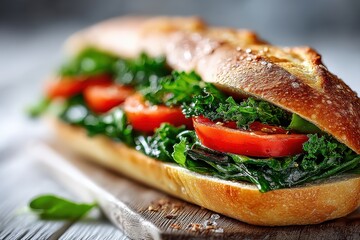 Baguette sandwich with tomato slices and kale on a wooden board