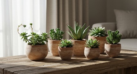 Fototapeta premium Beautiful Arrangement of Succulent Plants in Natural Pots on Wooden Table with Soft Light and Cozy Interior Background