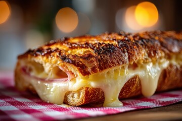 Melted cheese and ham sandwich on a checkered napkin