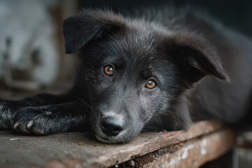 Rescue needed for a cute black dog with sad eyes resting on a wooden surface in an urban environment, seeking warmth and companionship in the late afternoon light