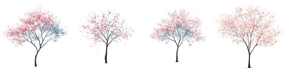Fototapeta premium Collection of Isolated Watercolor Cherry Blossom Trees on White