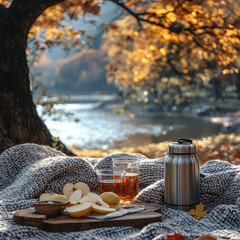 Obraz premium Cup of tea and apples at a picnic.