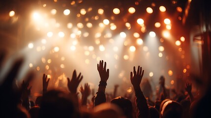 Crowd Raising Hands at Concert with Glowing Lights