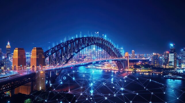Futuristic Sydney Harbour Bridge at night showcasing technology and connectivity