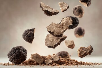 Floating summer truffle slices hovering above a bed of earthy truffle bits in an artistic composition