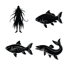 Fototapeta premium Vector art of three silhouettes of mango trees with fruits isolated on white background