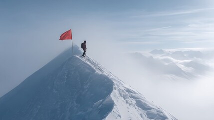 Climbing Mountain Peak with Flag in Snowy Landscape View