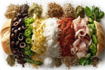 Sandwich ingredients arranged on white table