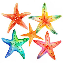 Colorful Watercolor Starfish in Red, Orange, Yellow, Green, and Blue with White Speckles